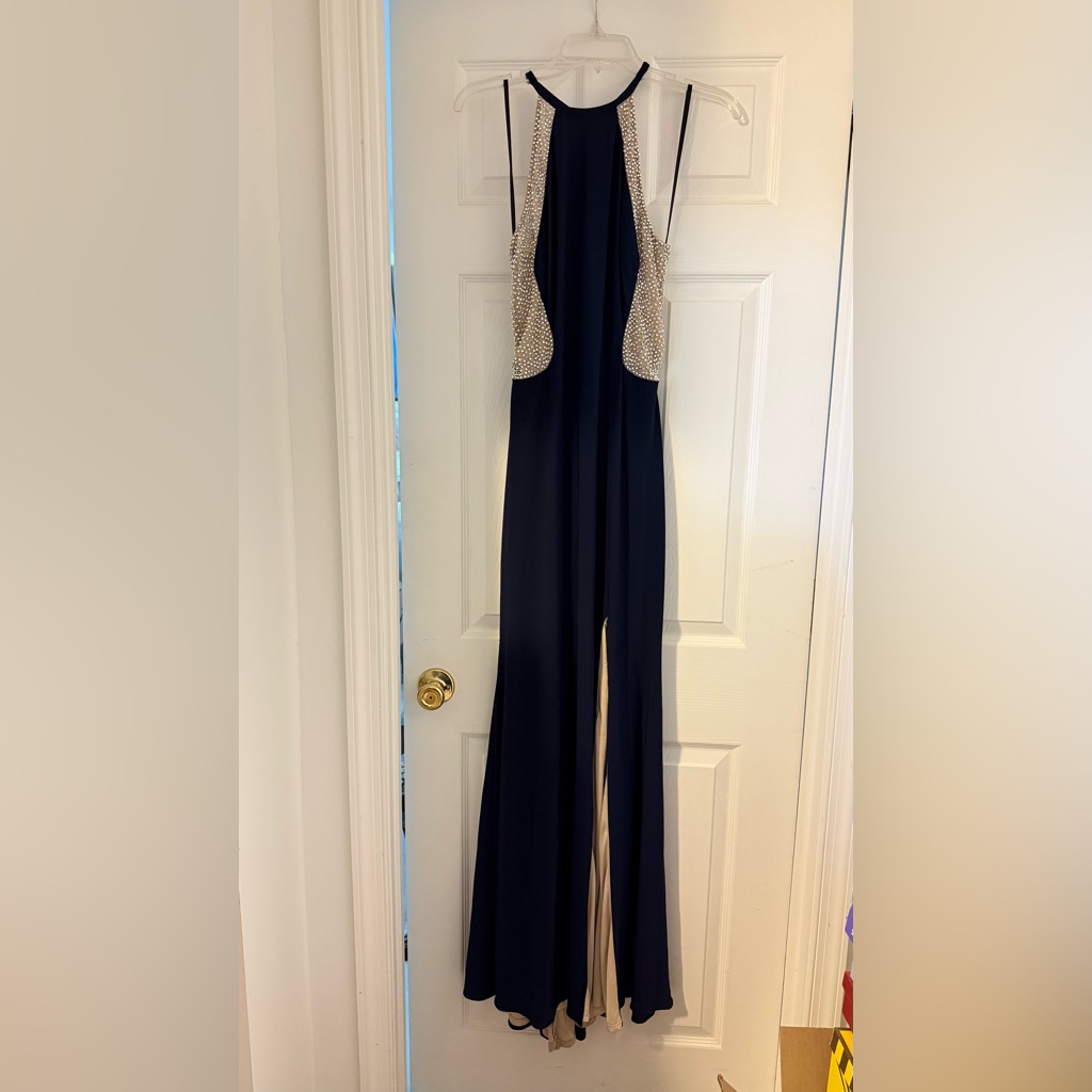 Xscape Navy Maxi Dress With Silver Embellishments